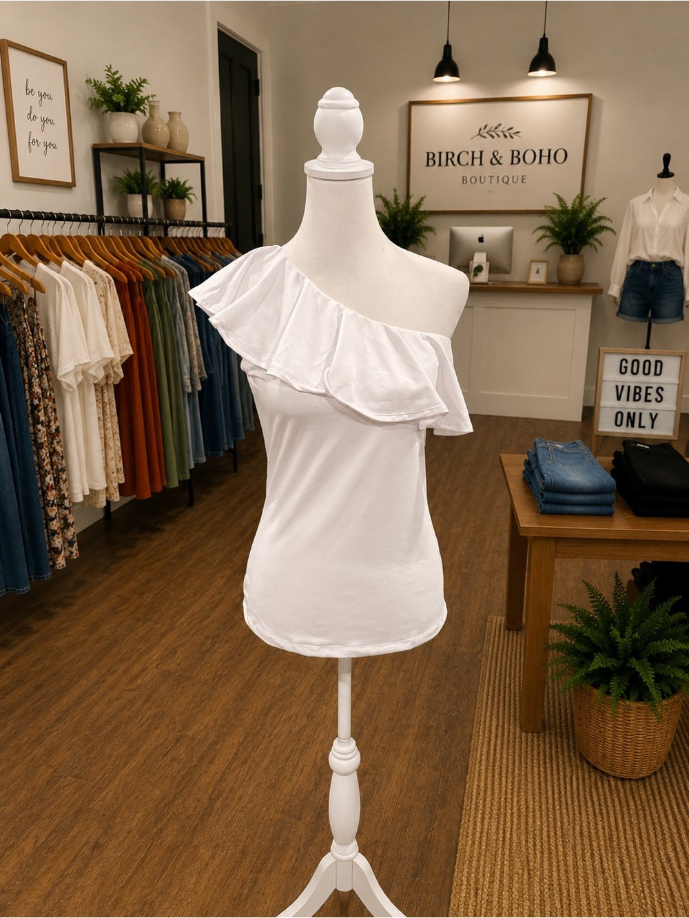 White Birch White One Shoulder Ruffle Top Boutique Stretch Small NWOT